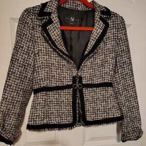 Self Impressions Tweed Woven Blazer Jacket Checked Button Front Ribbon Trim